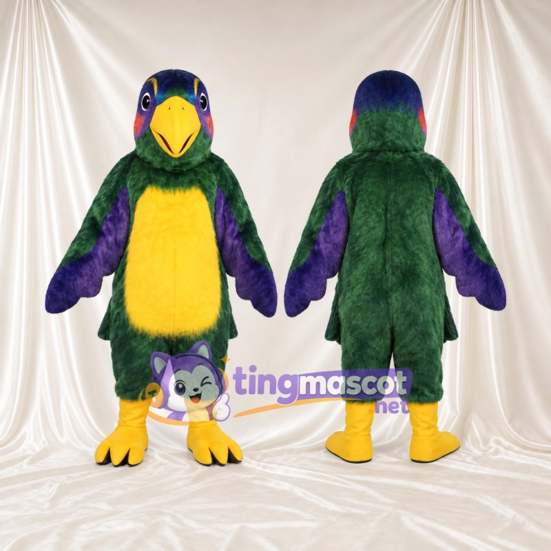 Costume de mascotte Perroquet – vert – Ailes (violet); Ventre (jaune)