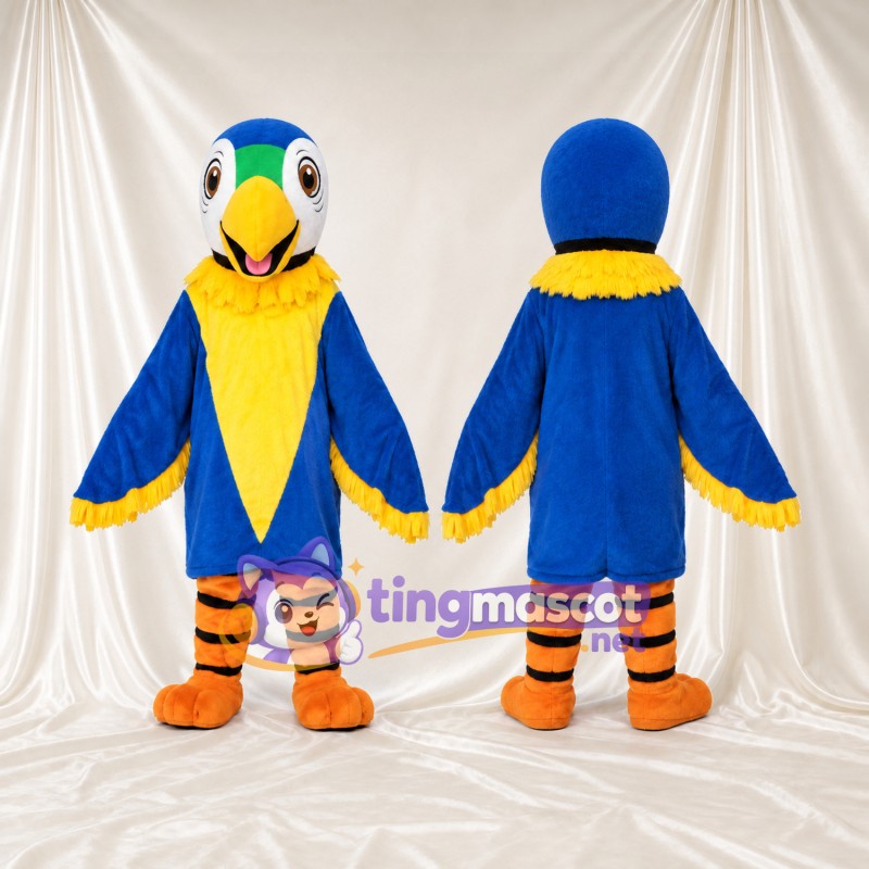 Costume de mascotte Perroquet – bleu – Torse (jaune); Jambes (rayé, orange)