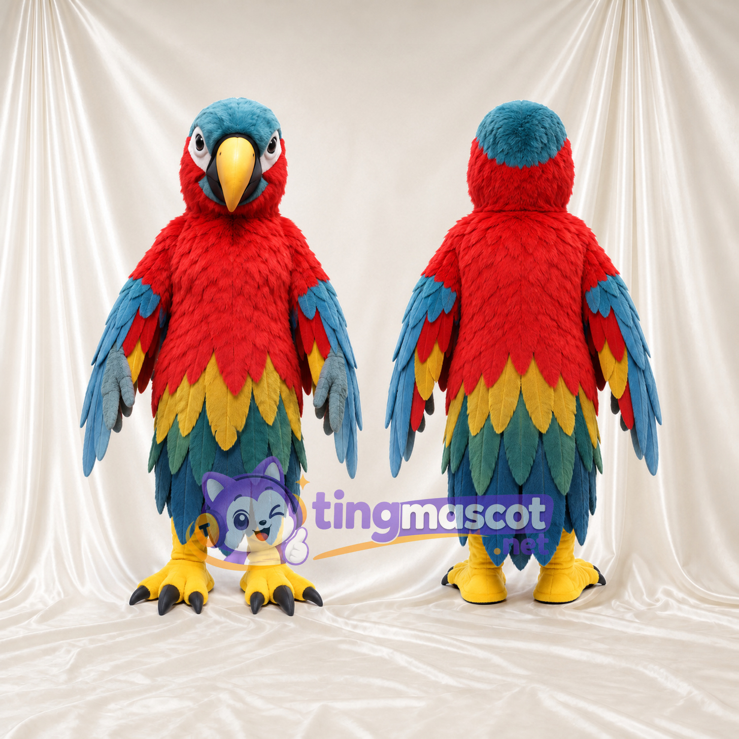 Costume de mascotte Perroquet – rouge / bleu – Corps en plumes (à plusieurs couches, arc-en-ciel) Costume de mascotte Perroquet – rouge / bleu – Corps en plumes (à plusieurs couches, arc-en-ciel)