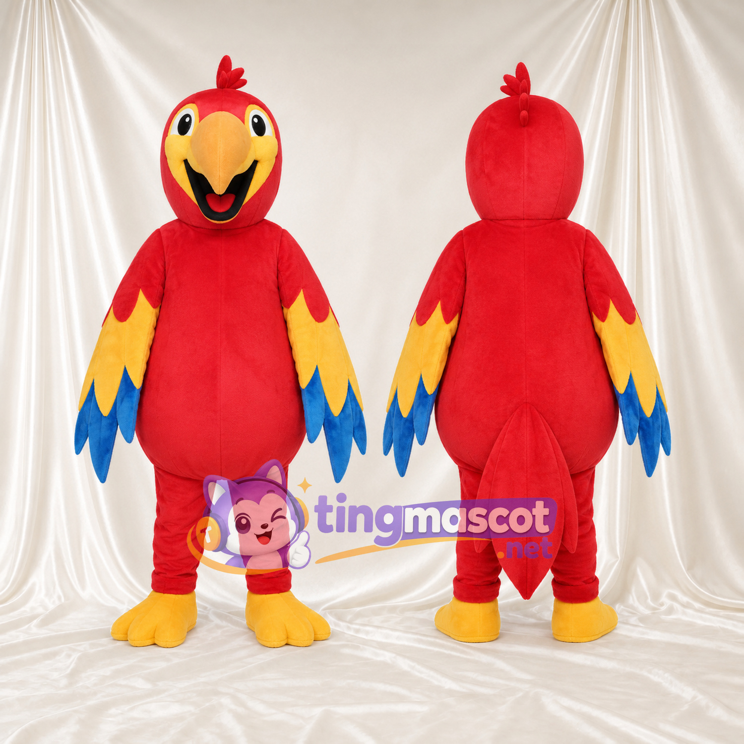 Costume de mascotte Perroquet – rouge – Ailes (jaune, bleu); Ventre Costume de mascotte Perroquet – rouge – Ailes (jaune, bleu); Ventre