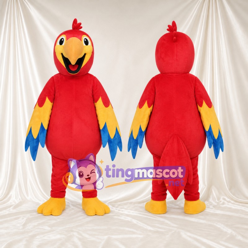 Costume de mascotte Perroquet – rouge – Ailes (jaune, bleu); Ventre