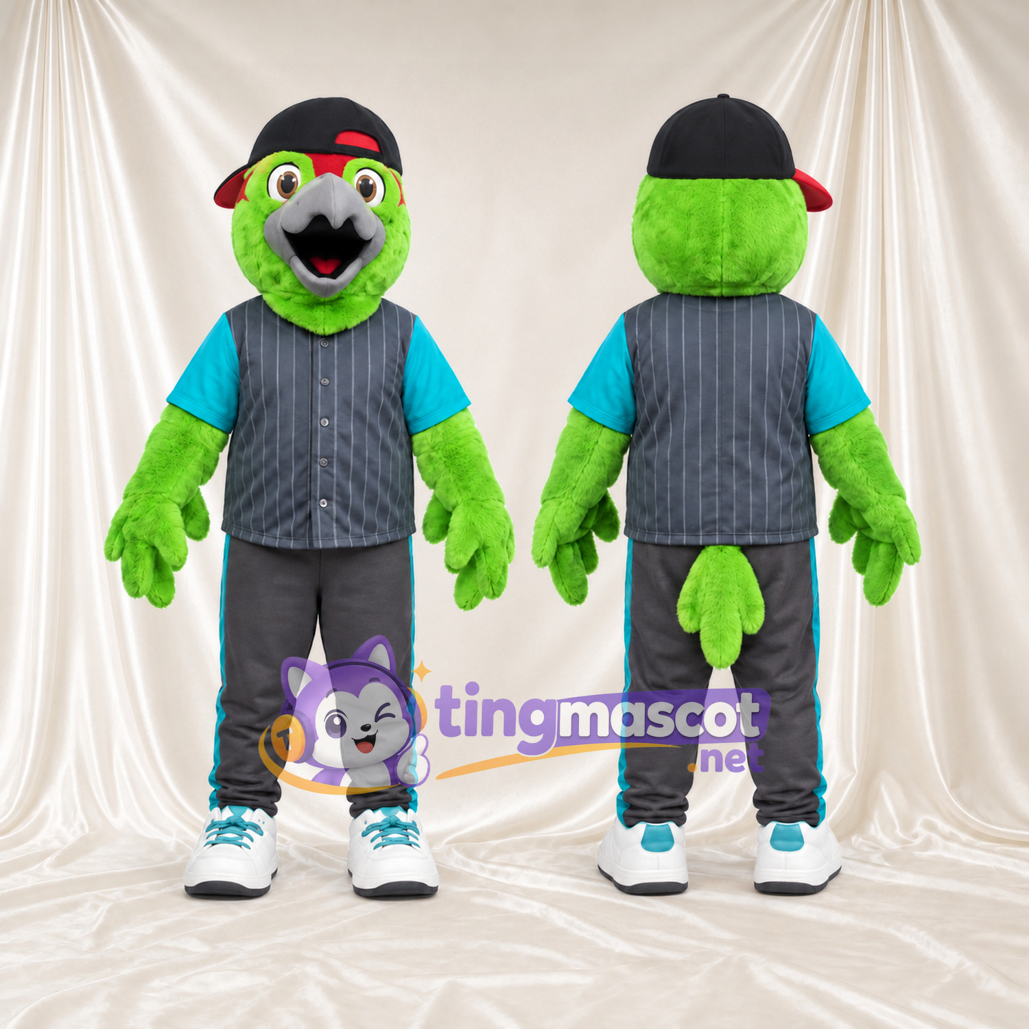 Costume de mascotte Perroquet – vert – Casquette (noir); Gilet (gris) Costume de mascotte Perroquet – vert – Casquette (noir); Gilet (gris)