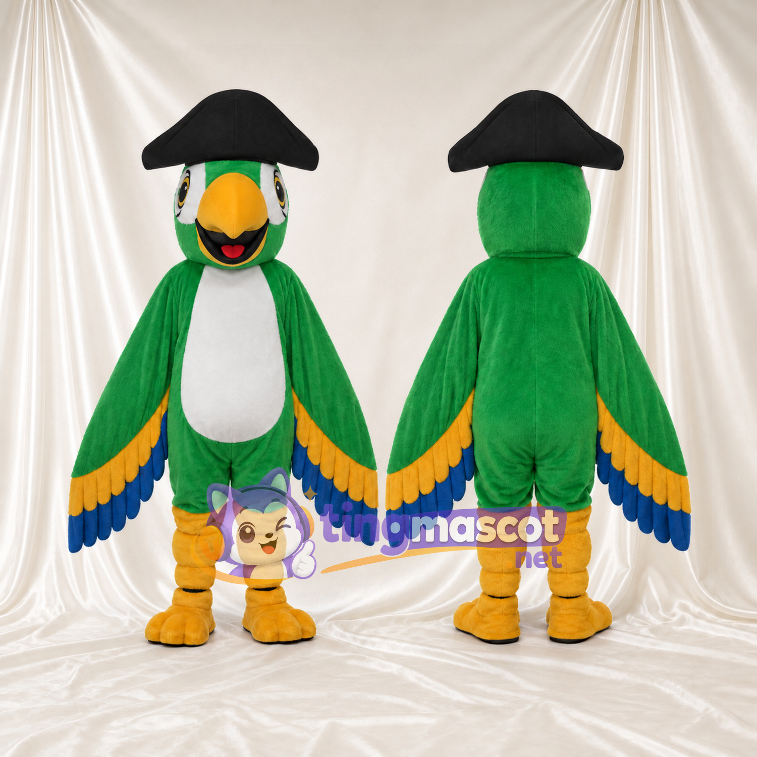 Costume de mascotte Perroquet – vert – Chapeau (noir); Ventre (blanc) Costume de mascotte Perroquet – vert – Chapeau (noir); Ventre (blanc)