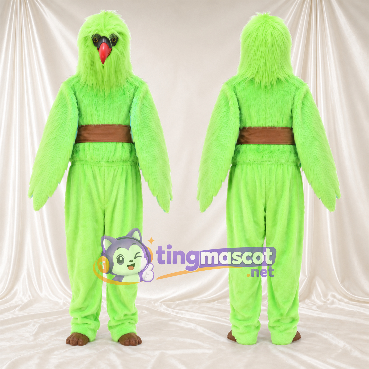 Costume de mascotte Oiseau – vert citron / vert – Ceinture (marron); Bec (rouge) Costume de mascotte Oiseau – vert citron / vert – Ceinture (marron); Bec (rouge)
