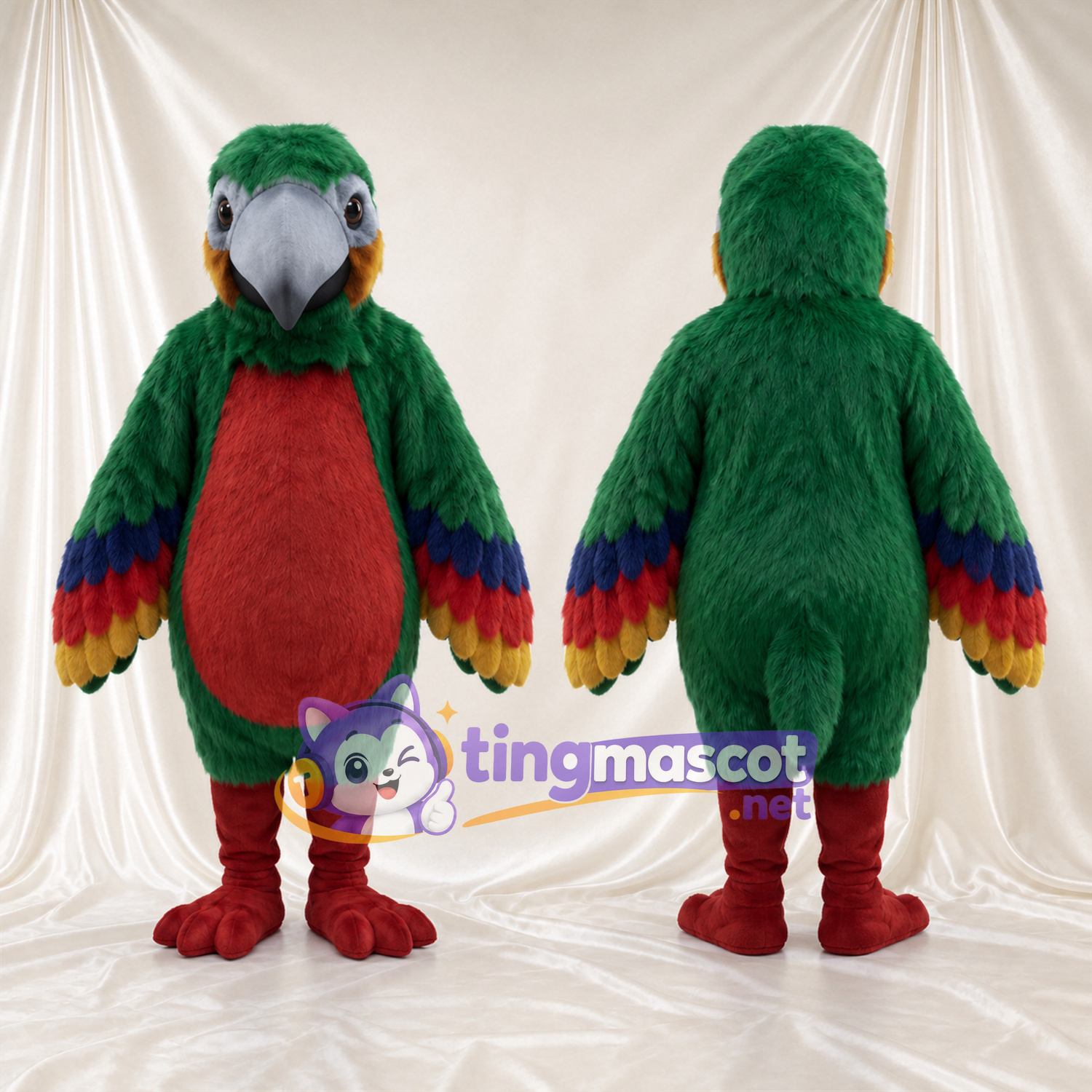 Dark Green Parrot Mascot Costume - Burgundy Belly and Rainbow Wings Dark Green Parrot Mascot Costume - Burgundy Belly and Rainbow Wings