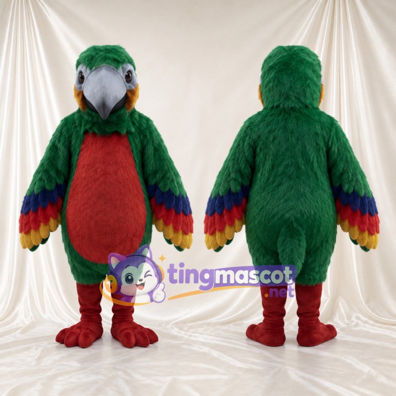 Dark Green Parrot Mascot Costume - Burgundy Belly and Rainbow Wings