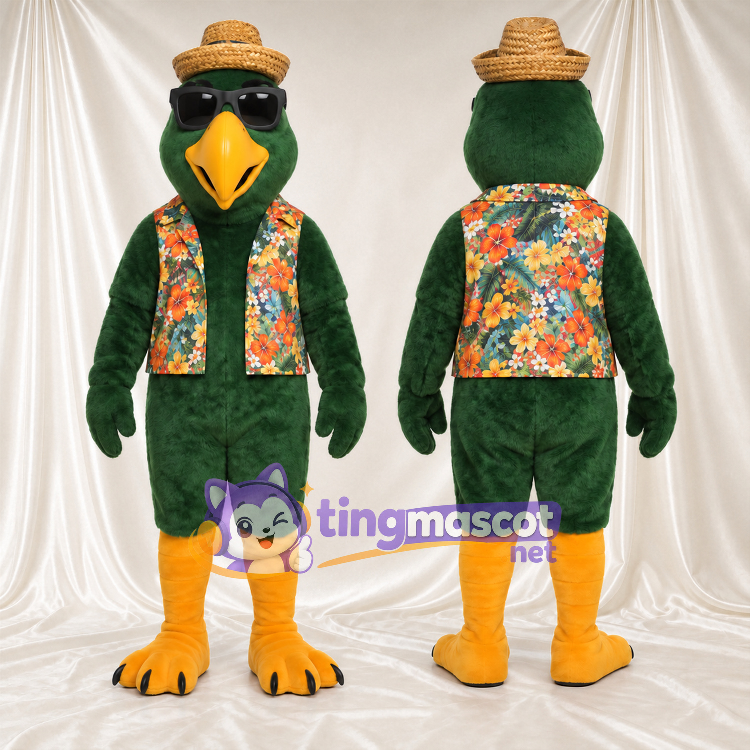 Dark Green Parrot Mascot Costume - Floral Vest, Straw Hat and Sunglasses Dark Green Parrot Mascot Costume - Floral Vest, Straw Hat and Sunglasses