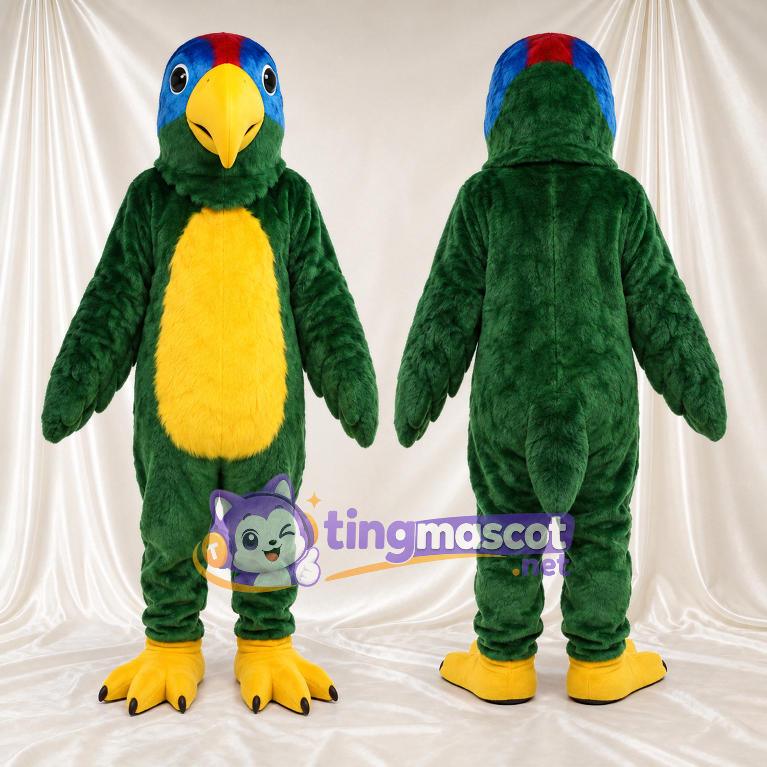 Dark Green Parrot Mascot Costume - Blue Face and Yellow Belly Dark Green Parrot Mascot Costume - Blue Face and Yellow Belly