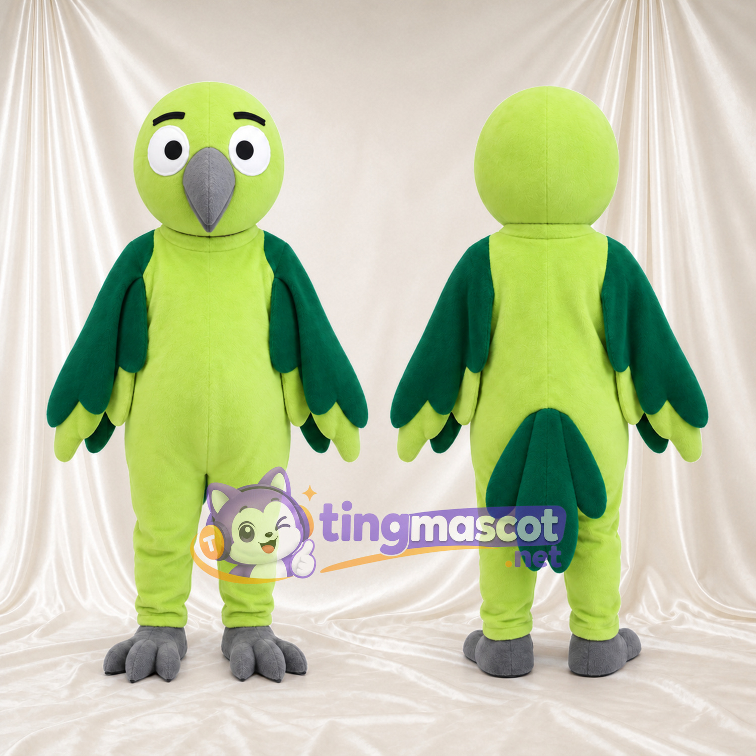 Costume de mascotte Perroquet – vert citron / vert – Ailes (vert foncé); Pieds (gris) Costume de mascotte Perroquet – vert citron / vert – Ailes (vert foncé); Pieds (gris)
