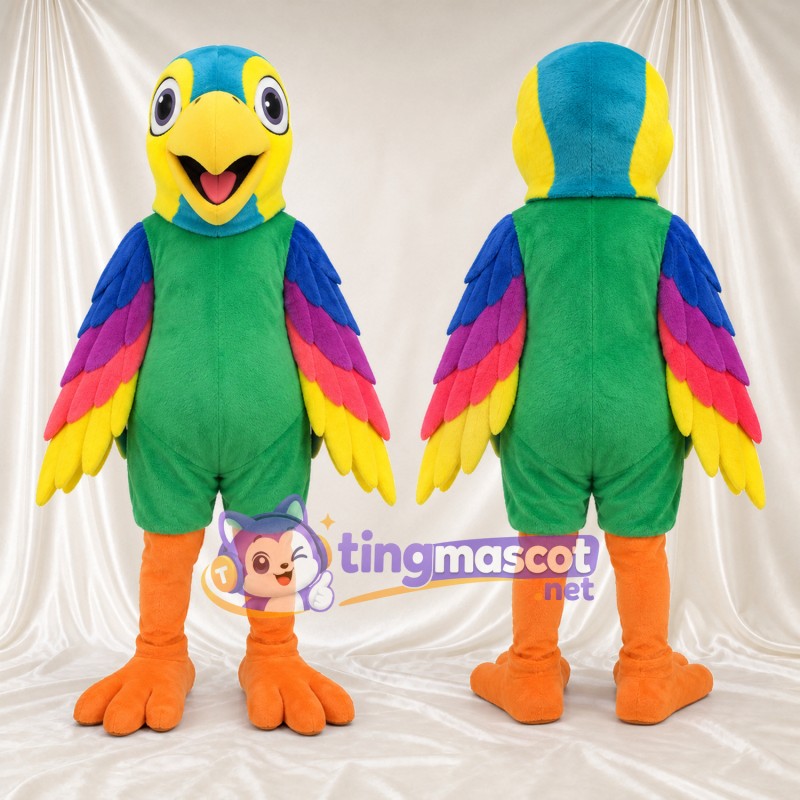 Costume de mascotte Perroquet – vert – Ailes (arc-en-ciel); Jambes (orange)
