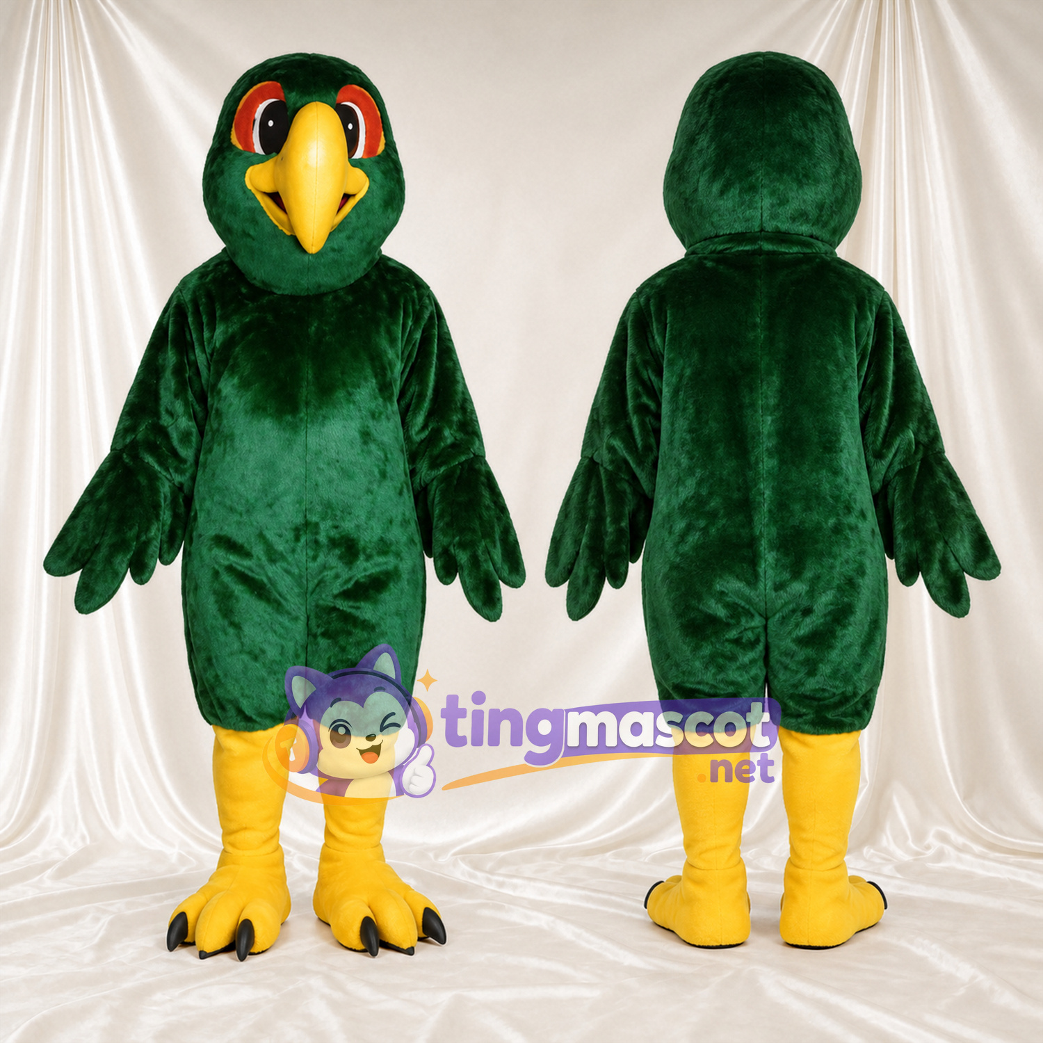 Dark Green Parrot Mascot Costume - Orange Eye Rings and Yellow Legs Dark Green Parrot Mascot Costume - Orange Eye Rings and Yellow Legs