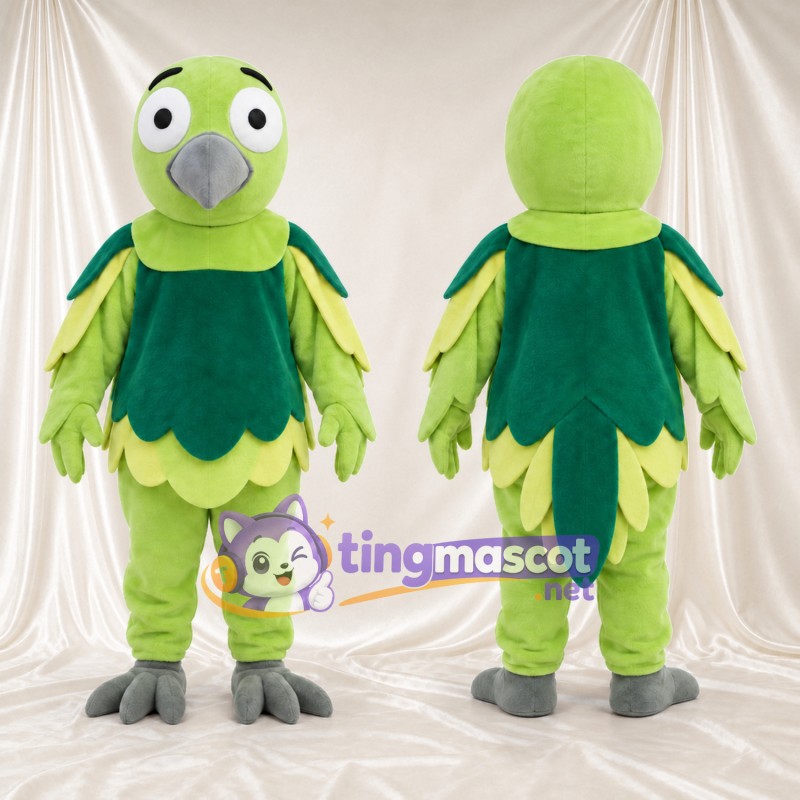 Costume de mascotte Perroquet – vert citron / vert – Bavette (vert foncé); Plumes (festonné)