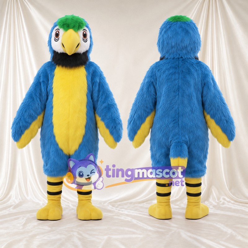 Costume de mascotte Perroquet – bleu – Couronne (vert); Ventre (jaune)