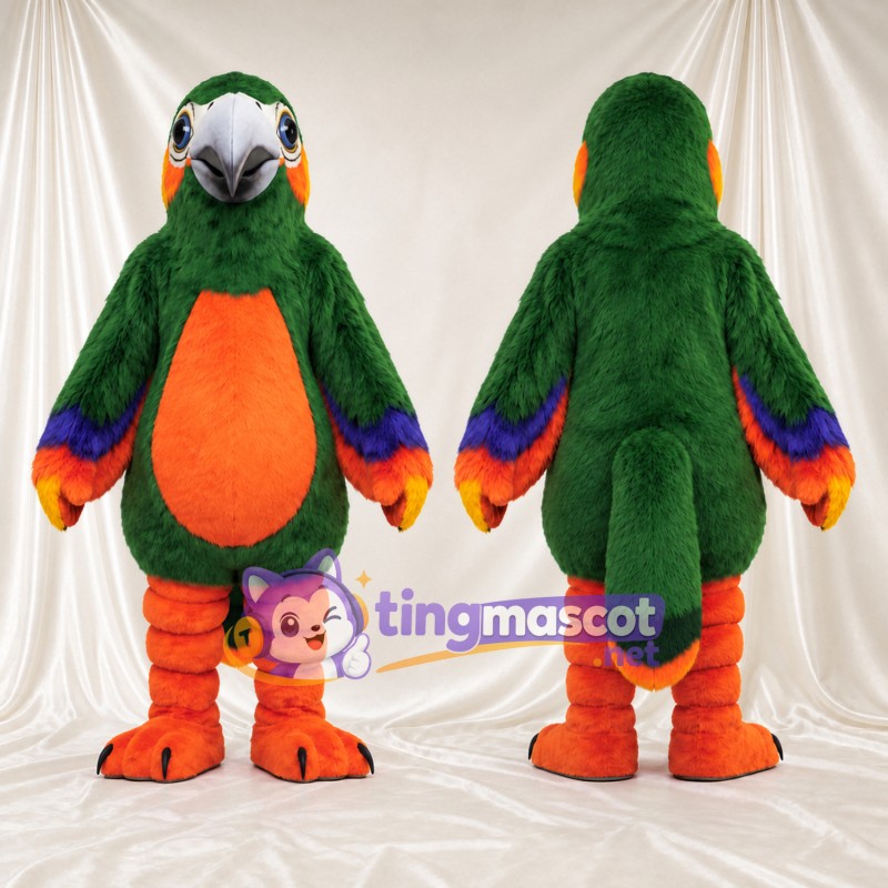 Dark Green Parrot Mascot Costume - Orange Belly and Purple Wing Bands