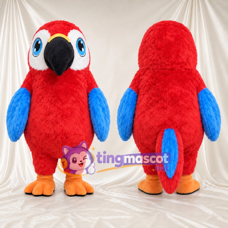 Costume de mascotte Perroquet – rouge – Ailes (bleu); Taches autour des yeux (grand, blanc)