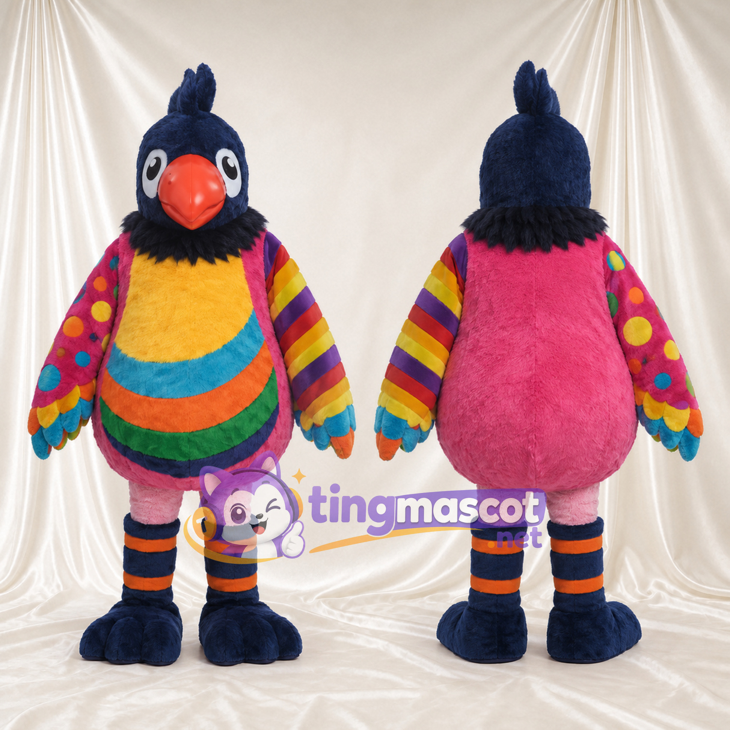Maskottchenkostüm Vogel – mehrfarbig – Gestreifter Körper (regenbogenfarben) Maskottchenkostüm Vogel – mehrfarbig – Gestreifter Körper (regenbogenfarben)