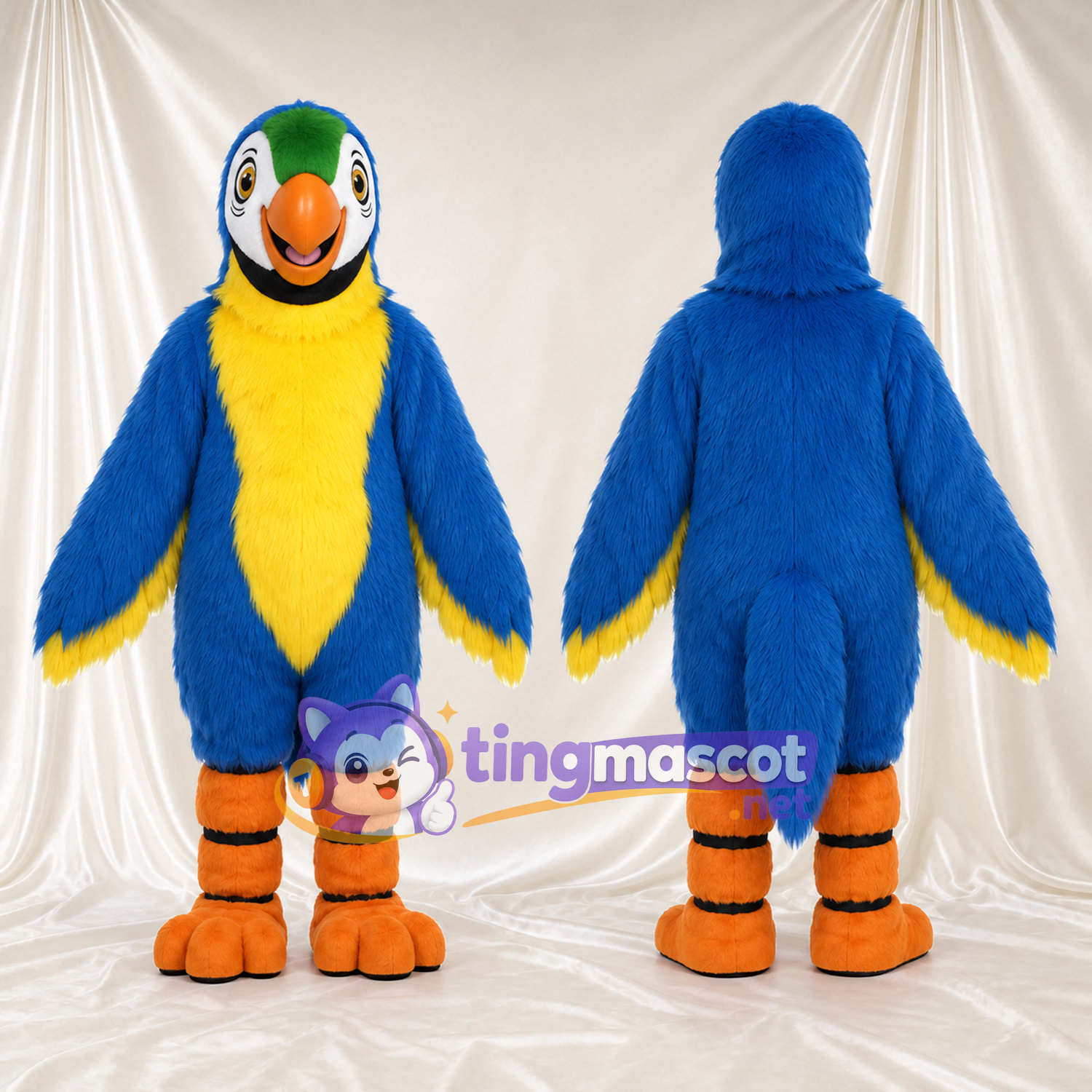 Blue Parrot Mascot Costume - Yellow Chest and Banded Orange Legs Blue Parrot Mascot Costume - Yellow Chest and Banded Orange Legs