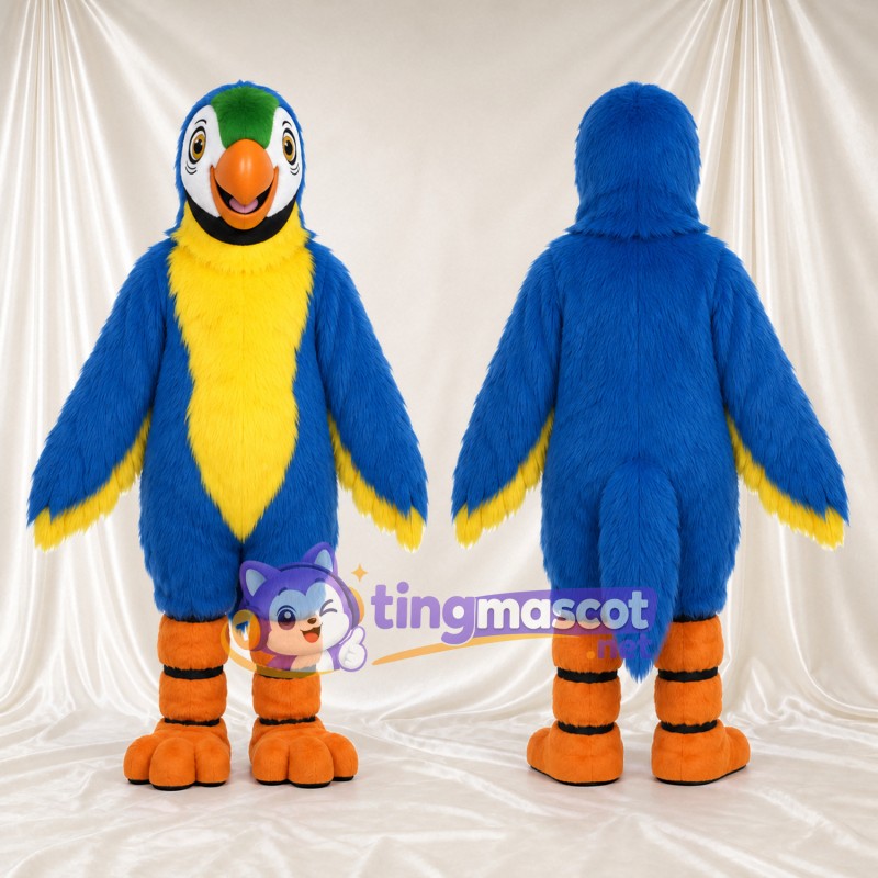 Costume de mascotte Perroquet – bleu – Torse (jaune); Jambes (orange)