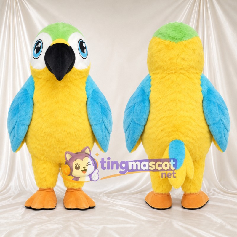 Costume de mascotte Perroquet – jaune – Couronne (vert); Ailes (turquoise)