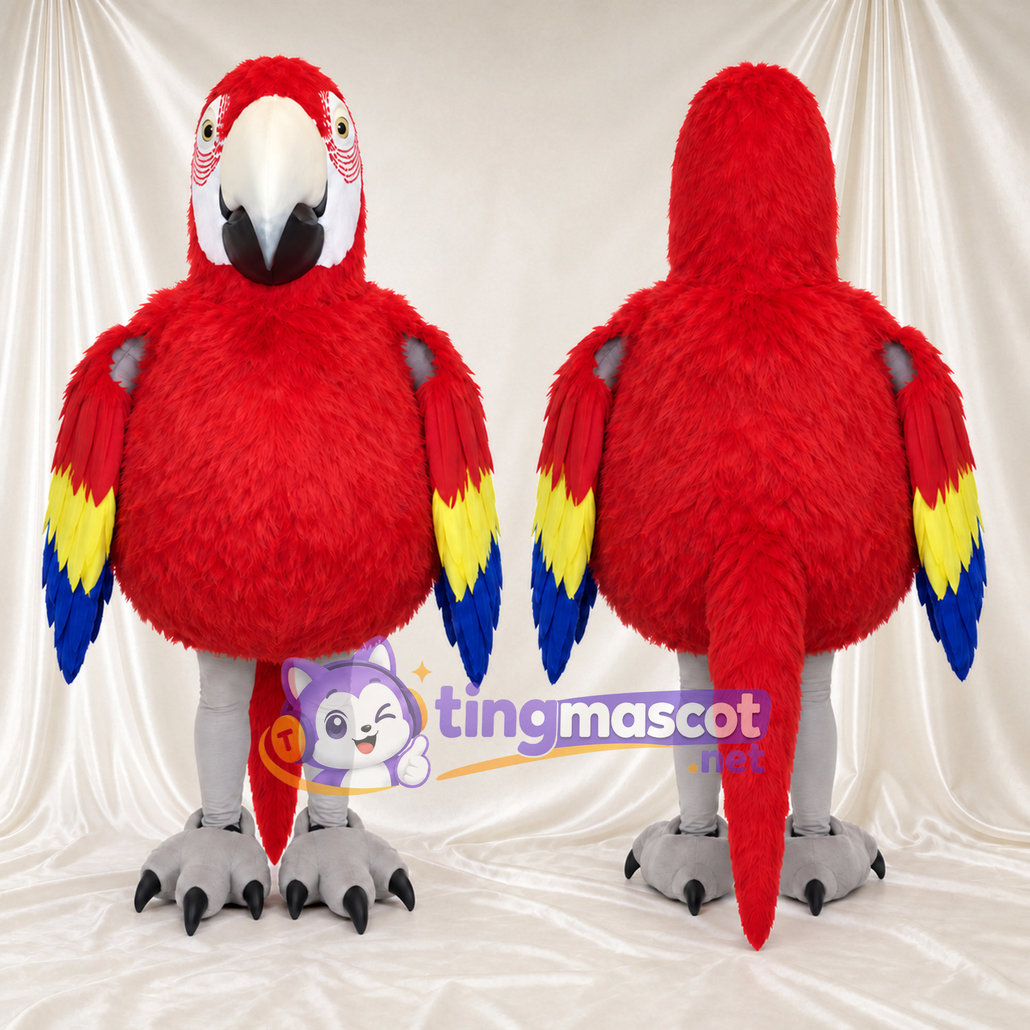 Costume de mascotte Ara – rouge – Corps (rond, à plumes); Jambes (gris) Costume de mascotte Ara – rouge – Corps (rond, à plumes); Jambes (gris)