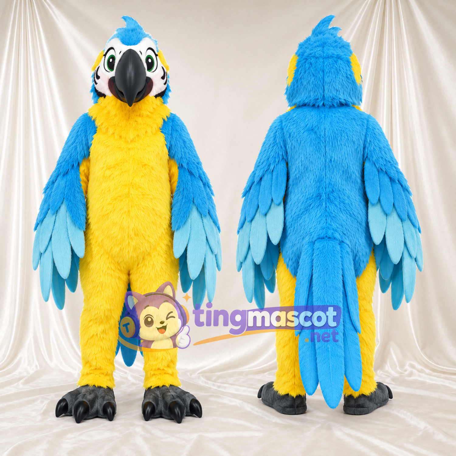 Maskottchenkostüm Ara – blau / gelb – Flügel (mehrlagig); Krallen (schwarz) Maskottchenkostüm Ara – blau / gelb – Flügel (mehrlagig); Krallen (schwarz)