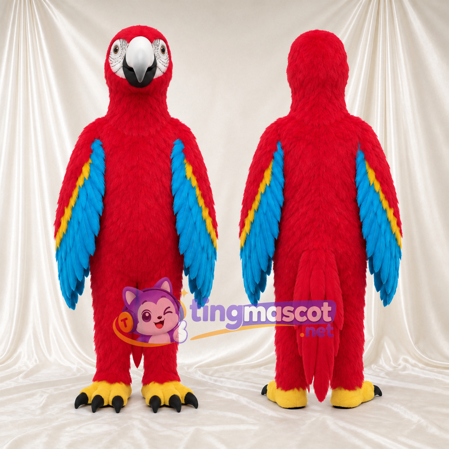 Costume de mascotte Ara – rouge – Bec (blanc); Ailes (bleu, à plusieurs couches) Costume de mascotte Ara – rouge – Bec (blanc); Ailes (bleu, à plusieurs couches)
