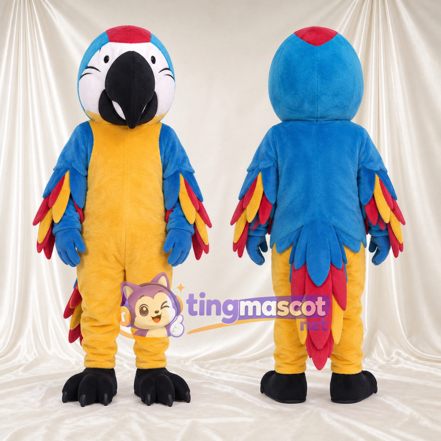 Blue and Yellow Parrot Mascot Costume - Multicolor Wings and Black Feet Blue and Yellow Parrot Mascot Costume - Multicolor Wings and Black Feet