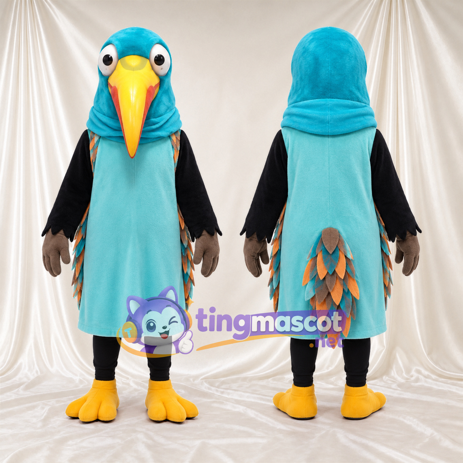 Turquoise Bird Mascot Costume - Long Orange Beak and Teal Tunic Turquoise Bird Mascot Costume - Long Orange Beak and Teal Tunic