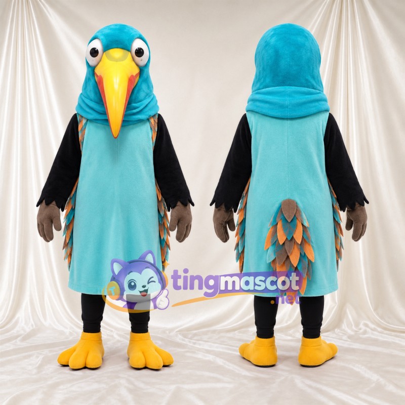 Turquoise Bird Mascot Costume - Long Orange Beak and Teal Tunic
