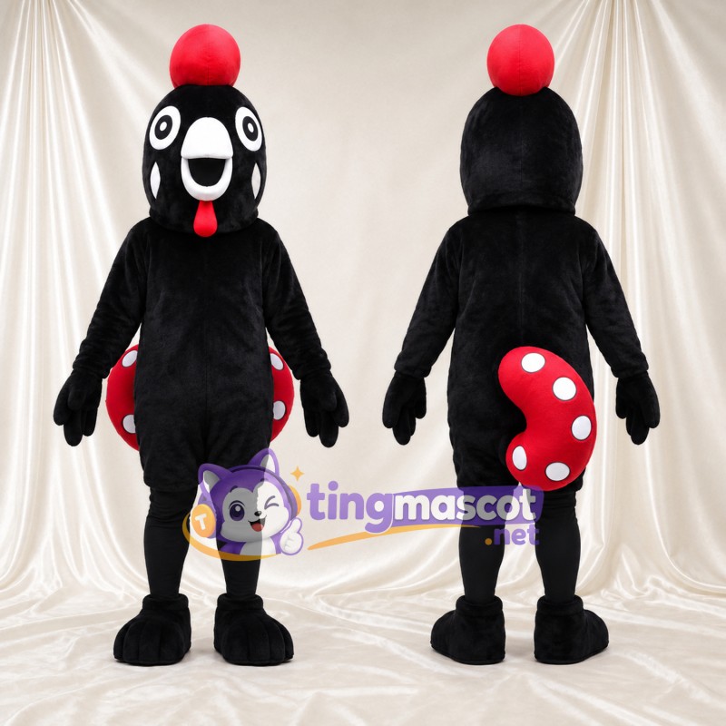Black Rooster Mascot Costume - Red Comb and Red Polka-Dot Tail