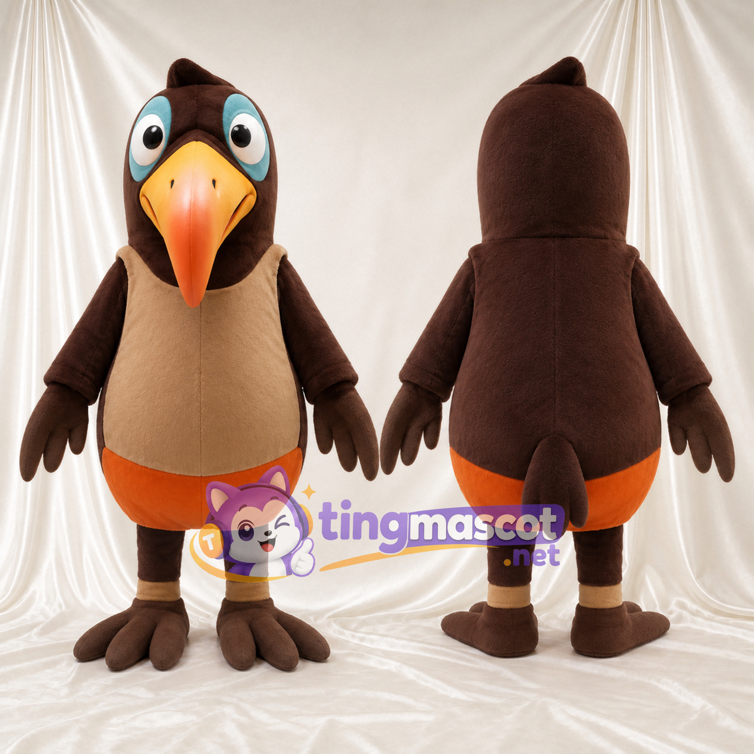 Brown Kingfisher Mascot Costume - Tan Vest and Long Orange Beak Brown Kingfisher Mascot Costume - Tan Vest and Long Orange Beak