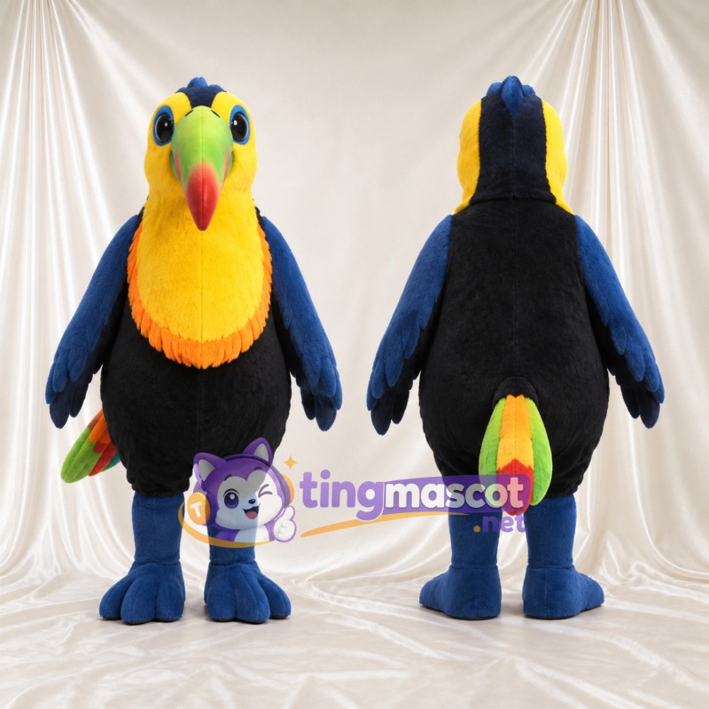 Costume de mascotte Oiseau – jaune / bleu – Cou (orange); Plumes; Ventre (noir)