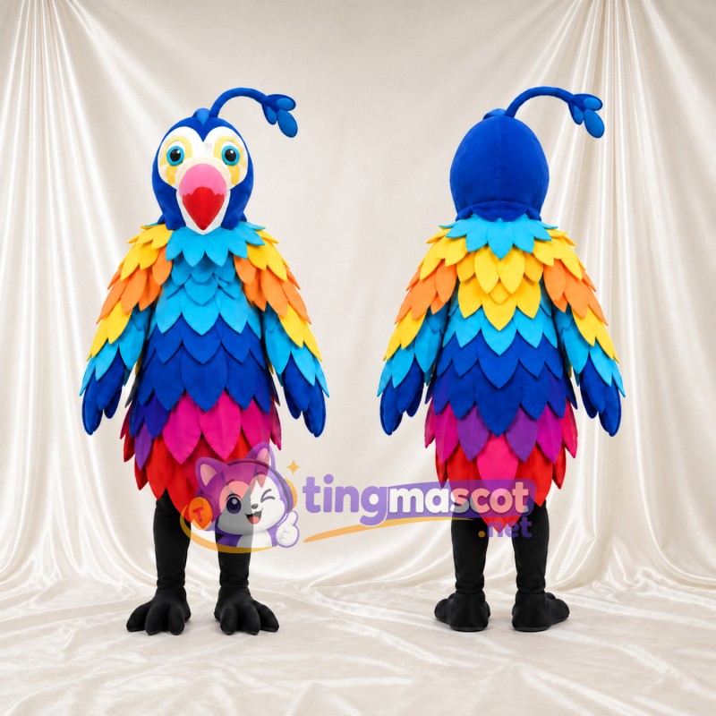 Costume de mascotte Oiseau – arc-en-ciel – Plumes (à plusieurs couches, multicolore); Huppe (courbé)