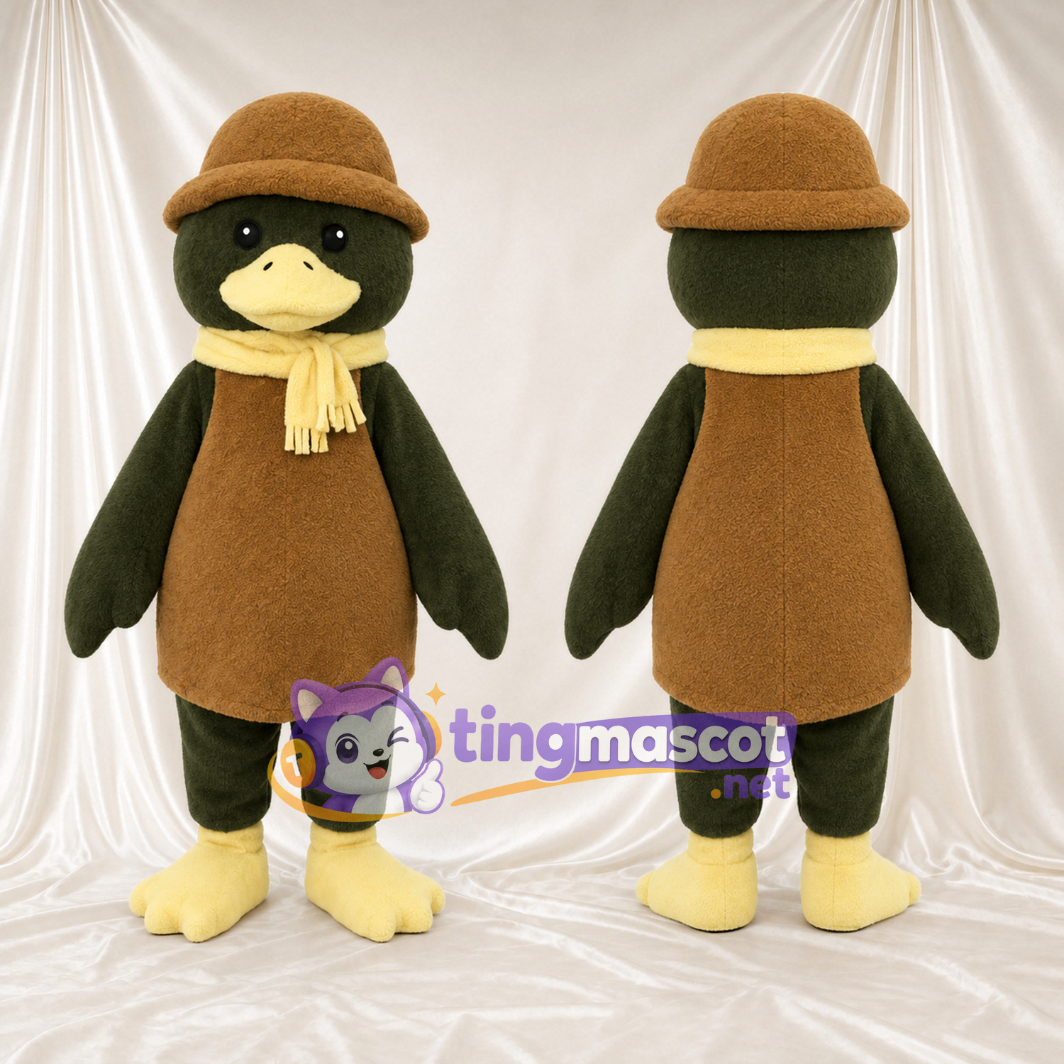 Dark Green Duck Mascot Costume - Brown Hat and Cream Scarf Dark Green Duck Mascot Costume - Brown Hat and Cream Scarf
