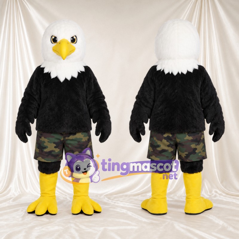 Black Bald Eagle Mascot Costume - Camouflage Shorts and Yellow Legs