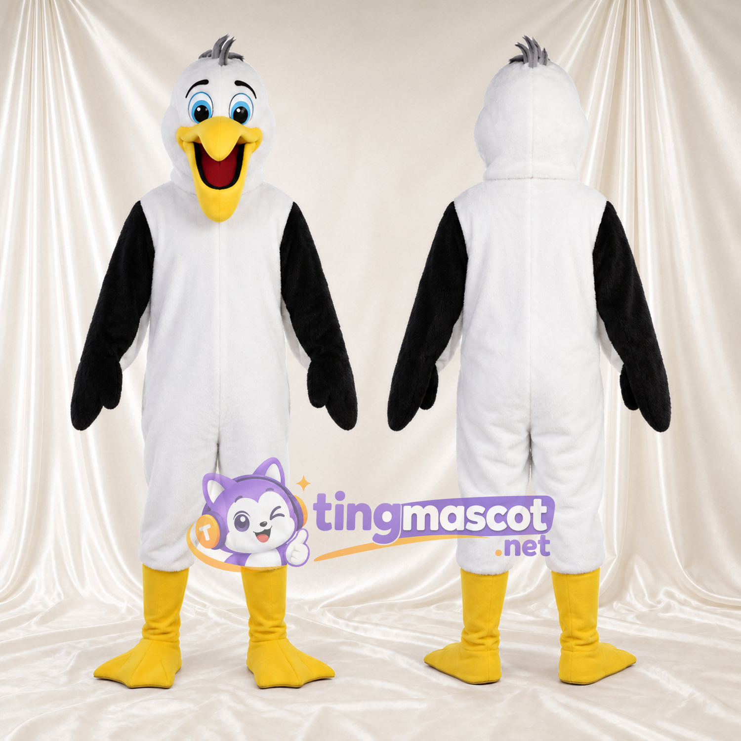 Costume de mascotte Oiseau – blanc – Ailes (noir); Bottes (jaune) Costume de mascotte Oiseau – blanc – Ailes (noir); Bottes (jaune)