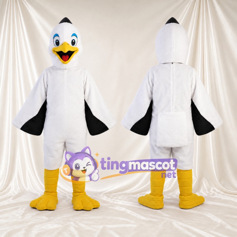 Costume de mascotte Oiseau – blanc – Bouts des ailes (noir); Jambes (jaune)