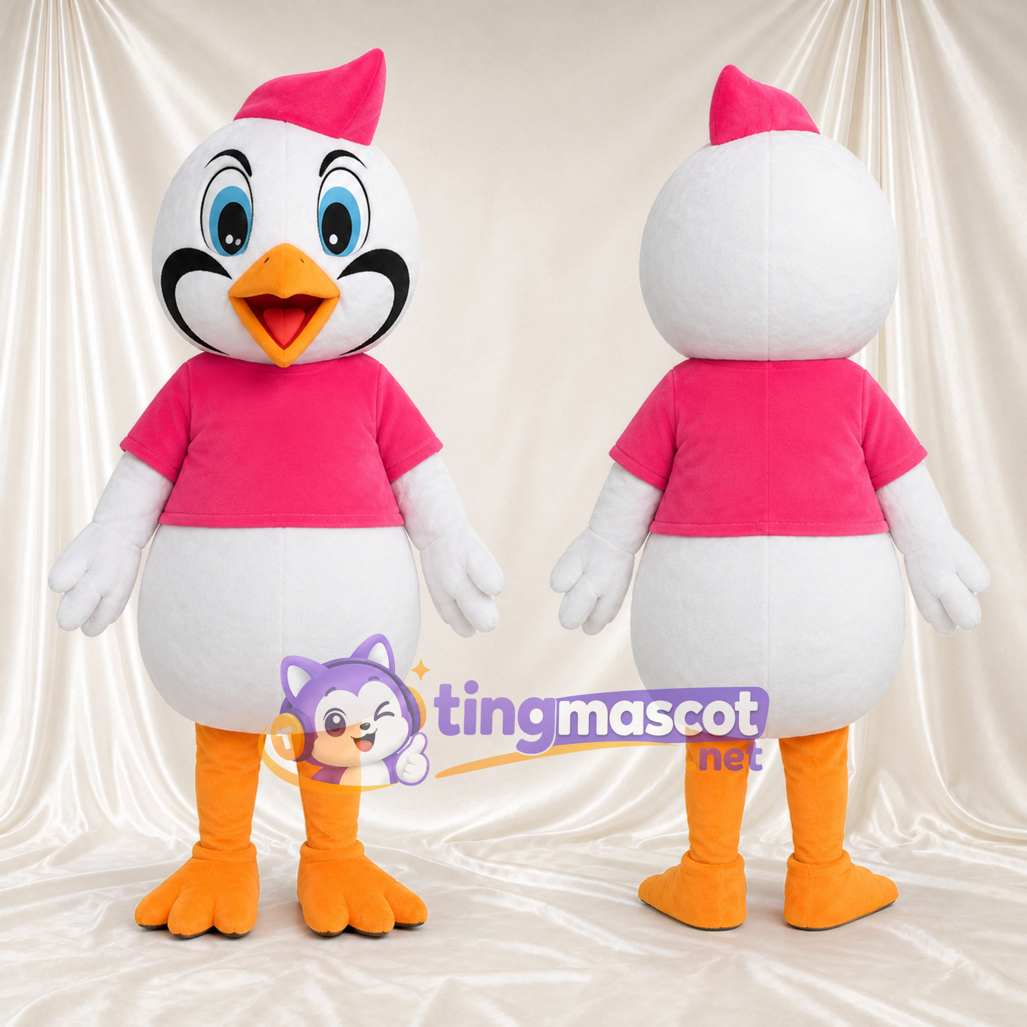 Costume de mascotte Oiseau – blanc – Chapeau (rose); T-shirt (rose) Costume de mascotte Oiseau – blanc – Chapeau (rose); T-shirt (rose)
