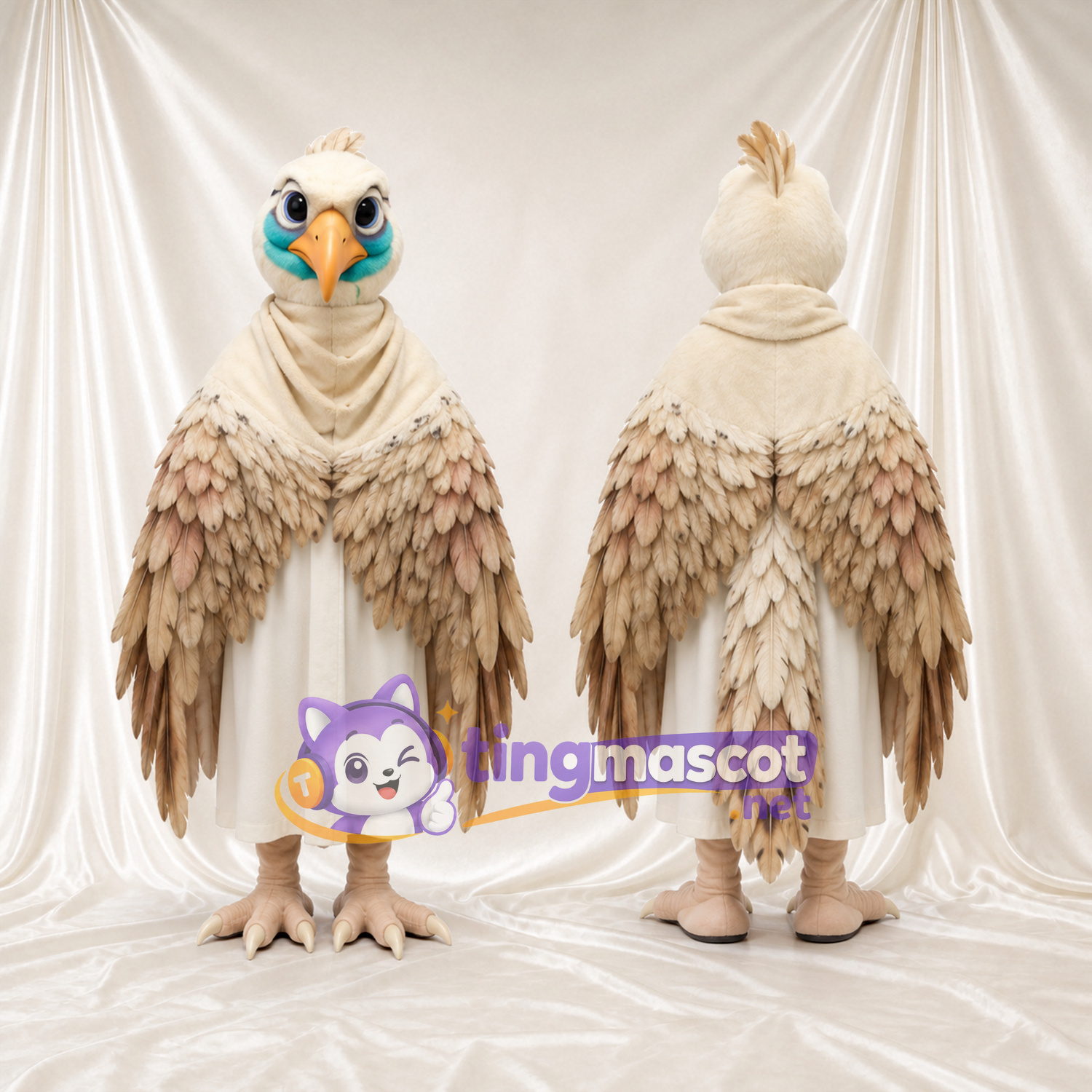 Beige Bird Mascot Costume - Cream Scarf and Layered Feather Wings Beige Bird Mascot Costume - Cream Scarf and Layered Feather Wings