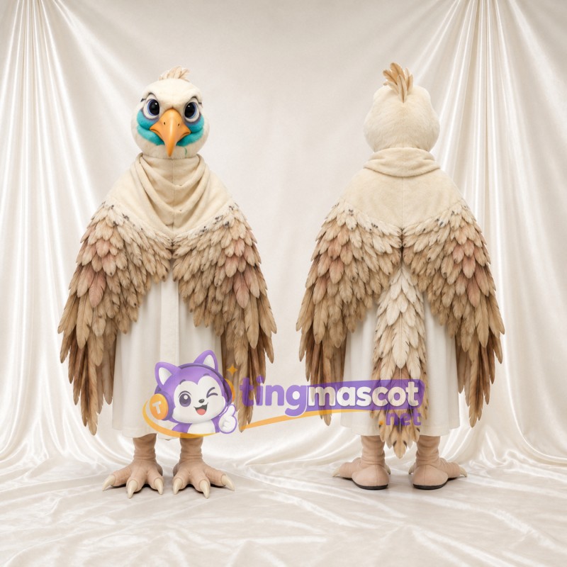 Beige Bird Mascot Costume - Cream Scarf and Layered Feather Wings