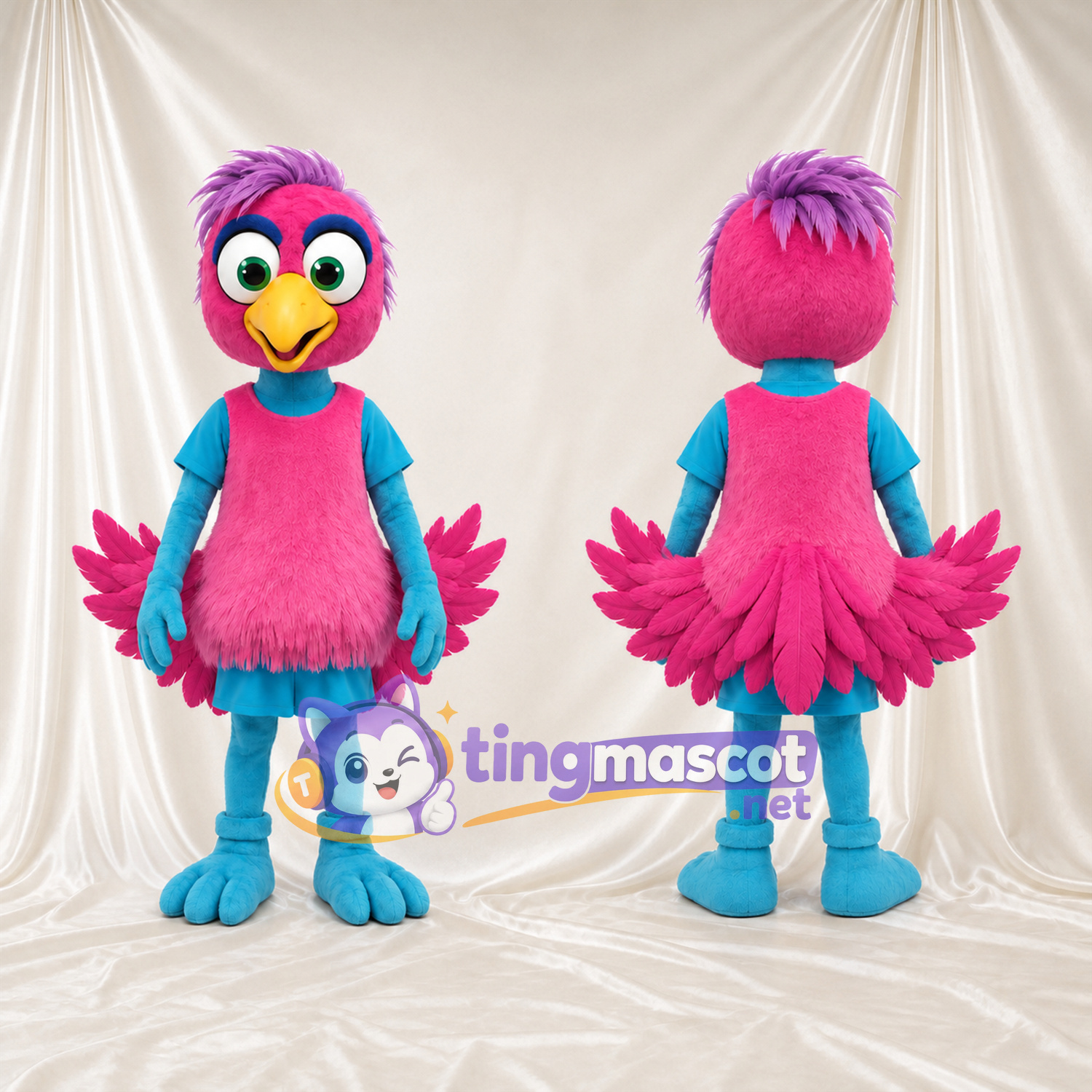 Pink and Turquoise Bird Mascot Costume - Pink Chest and Layered Tail Pink and Turquoise Bird Mascot Costume - Pink Chest and Layered Tail