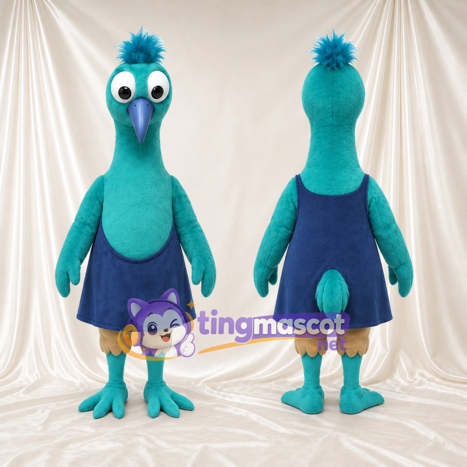 Turquoise Bird Mascot Costume - Navy Skirt and Beige Thigh Feathers Turquoise Bird Mascot Costume - Navy Skirt and Beige Thigh Feathers