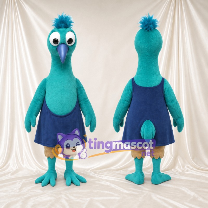 Turquoise Bird Mascot Costume - Navy Skirt and Beige Thigh Feathers
