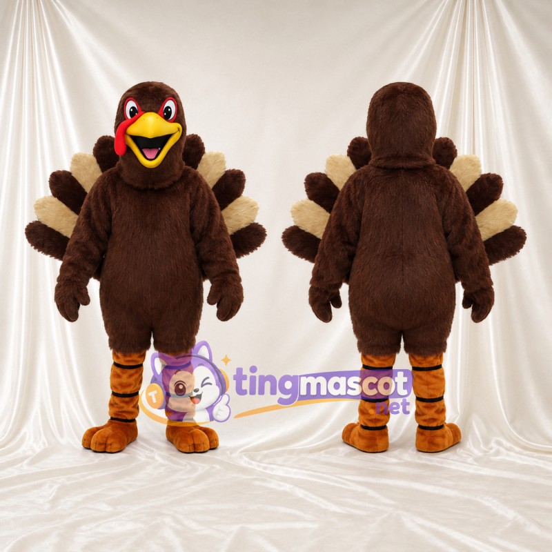 Brown Turkey Mascot Costume - Fan Tail and Striped Orange Legs