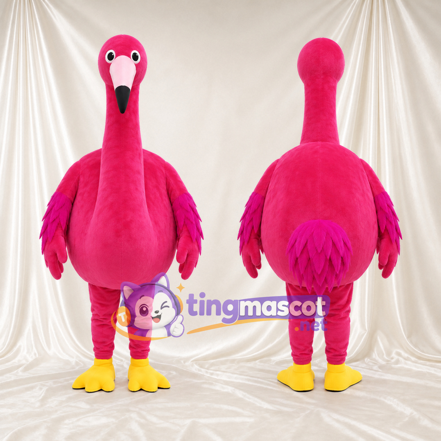 Maskottchenkostüm Flamingo – kräftiges Pink – Langer Hals; Füße (gelb) Maskottchenkostüm Flamingo – kräftiges Pink – Langer Hals; Füße (gelb)