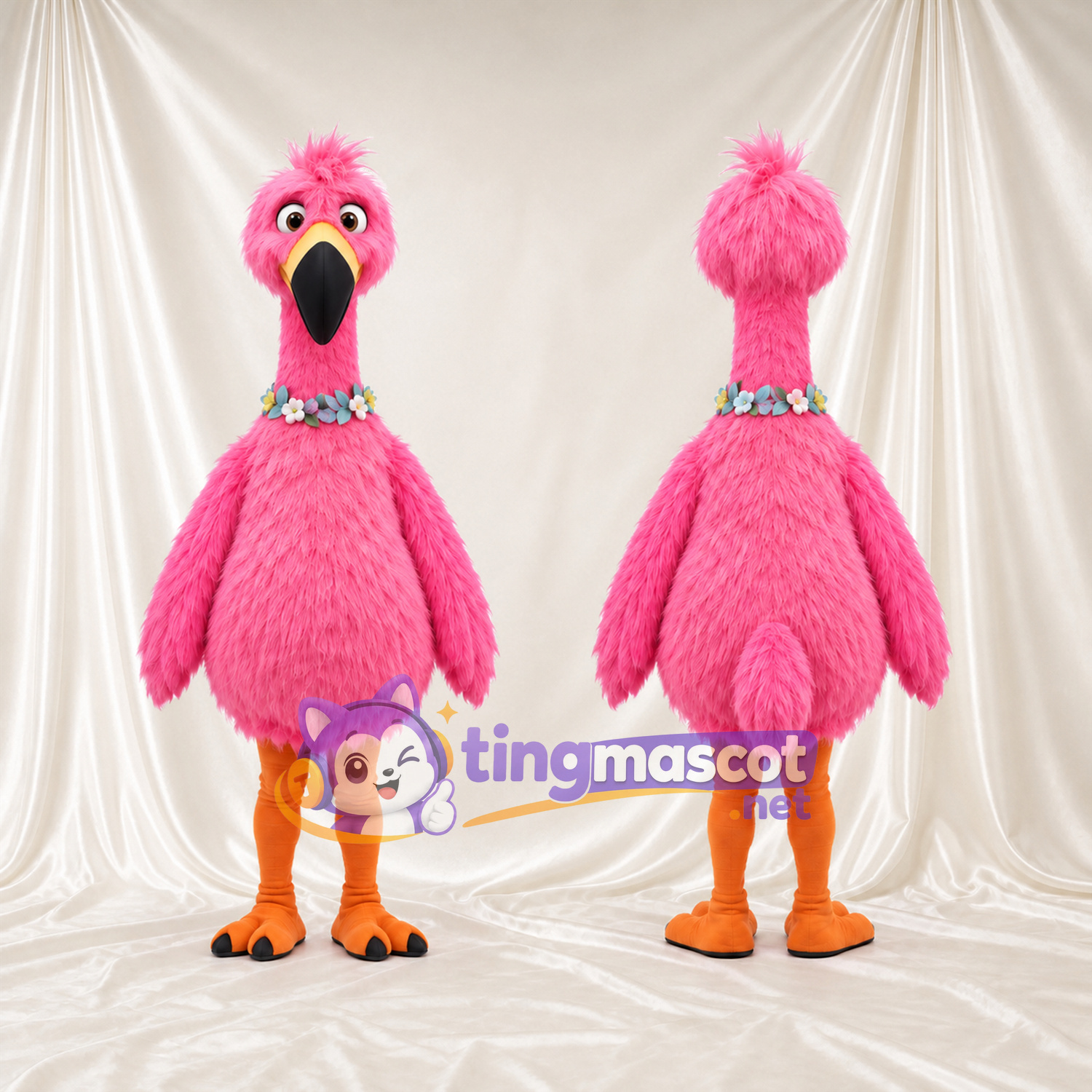 Costume de mascotte Flamant rose – rose – Collier de fleurs; Jambes (orange) Costume de mascotte Flamant rose – rose – Collier de fleurs; Jambes (orange)