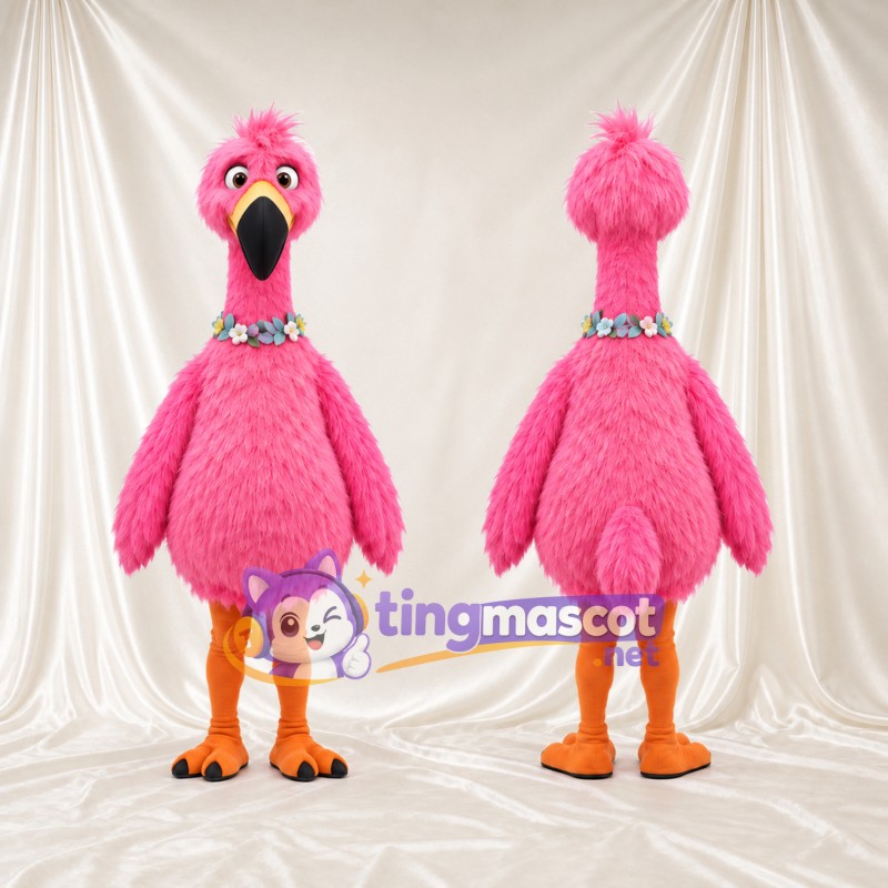 Costume de mascotte Flamant rose – rose – Collier de fleurs; Jambes (orange)