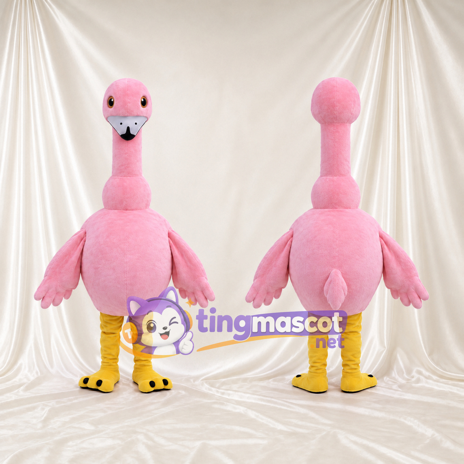 Costume de mascotte Flamant rose – rose – Bec (gris); Jambes (jaune) Costume de mascotte Flamant rose – rose – Bec (gris); Jambes (jaune)