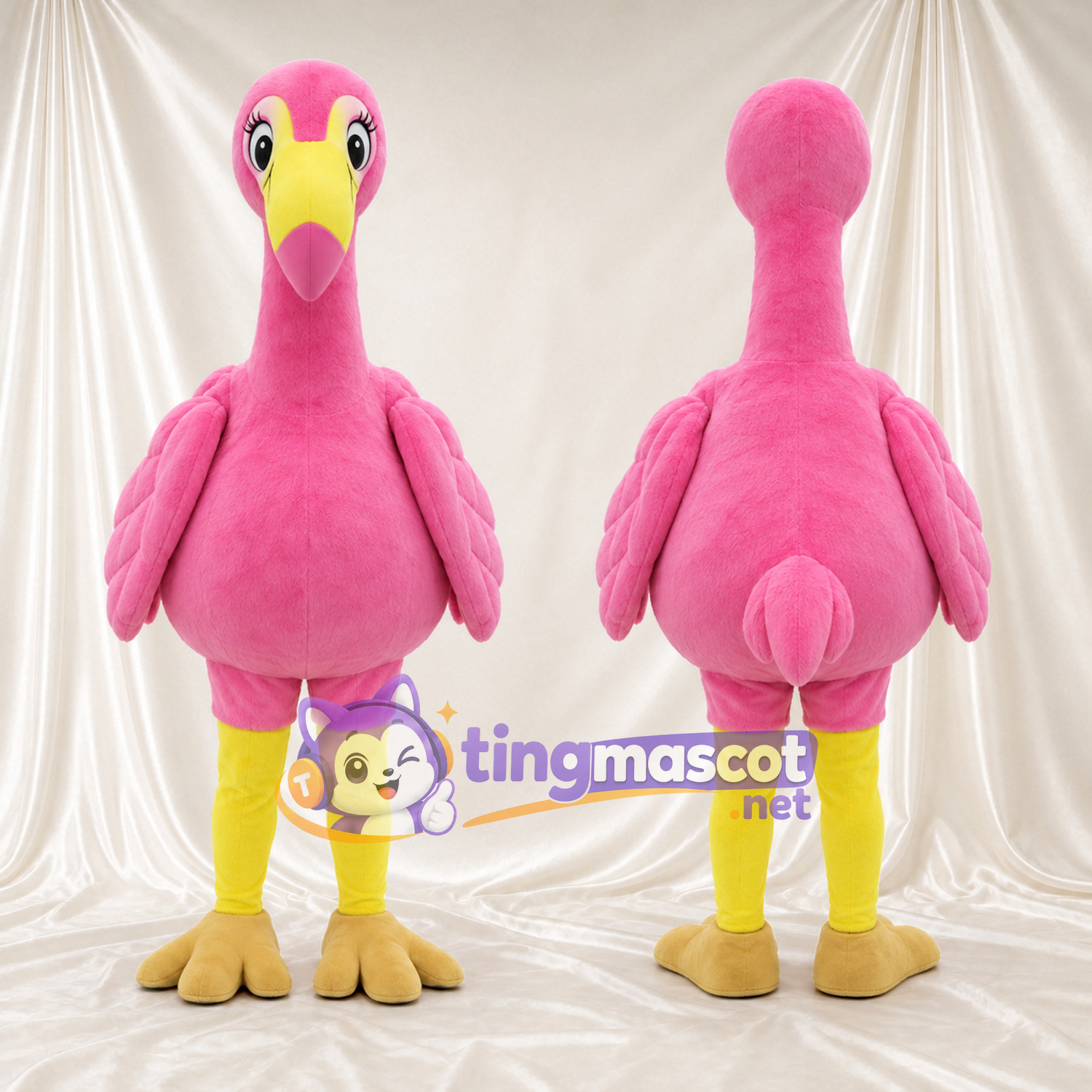 Costume de mascotte Flamant rose – rose – Bec (jaune); Jambes (jaune) Costume de mascotte Flamant rose – rose – Bec (jaune); Jambes (jaune)