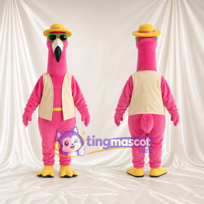 Costume de mascotte Flamant rose – rose – Chapeau; Lunettes de soleil; Gilet (beige)